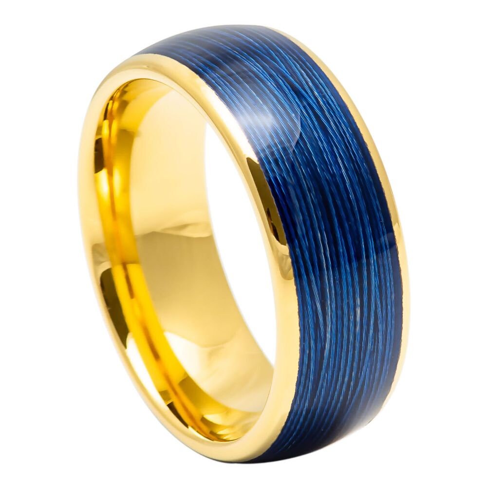 Men's Domed Yellow Gold Ip Plated Rolled Blue Wire Inlay- 8mm Tungsten Ring