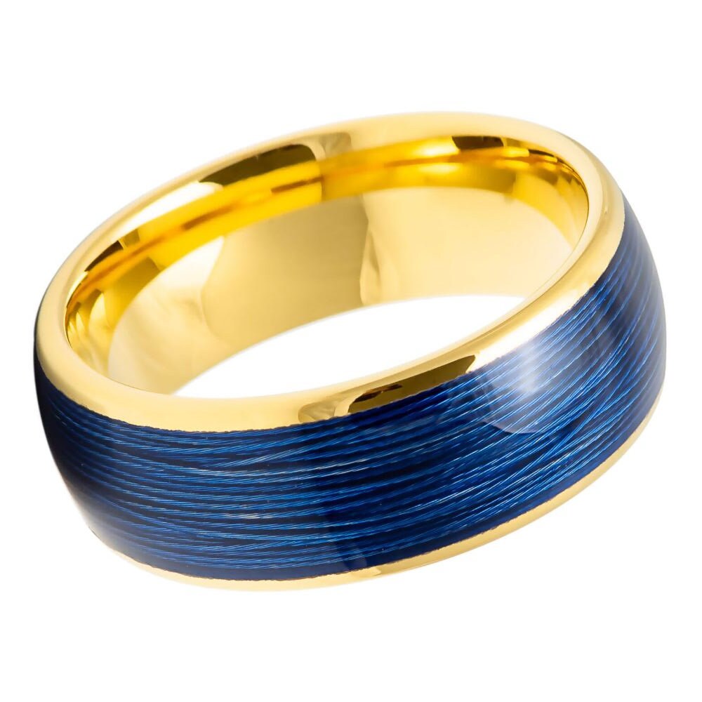 Men's Domed Yellow Gold Ip Plated Rolled Blue Wire Inlay- 8mm Tungsten Ring