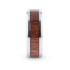 MELIA Mahogany Wood Inlaid Titanium Flat Polished Finish Men's Wedding Ring Beveled Edges - 8mm Ring