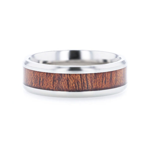 MELIA Mahogany Wood Inlaid Titanium Flat Polished Finish Men's Wedding Ring Beveled Edges - 8mm Ring