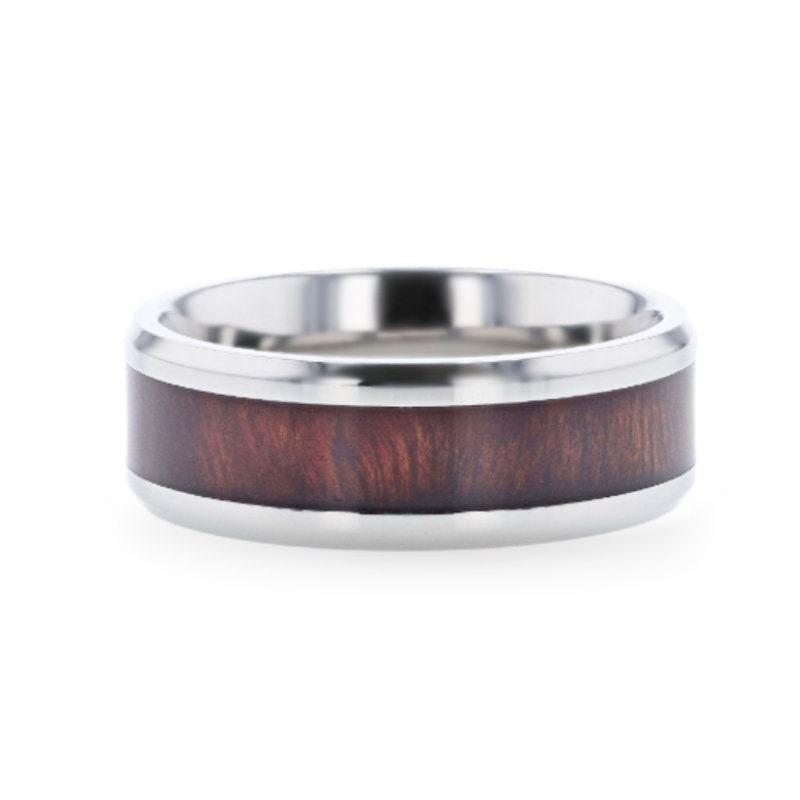 SEQUIOA Red Wood Inlaid Titanium Flat Polished Finish Men's Wedding Ring With Beveled Edges - 8mm rings