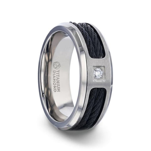 SECTOR Black Rope Cables Inlaid Brushed Finish Titanium Men's Wedding Ring with Diamond Centered And Beveled Polished Edges - 8mm Rings.