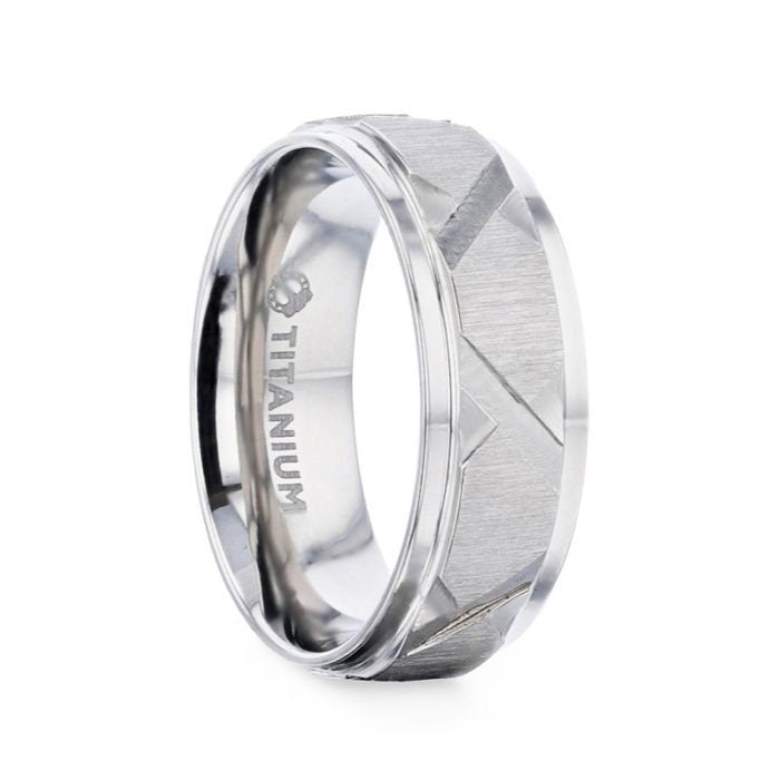 VIRAGE Raised Horizontal Etch and Diagon-Shaped Cuts Centered Titanium Men's Wedding Ring With Polished Step Edges - 8mm Rings.