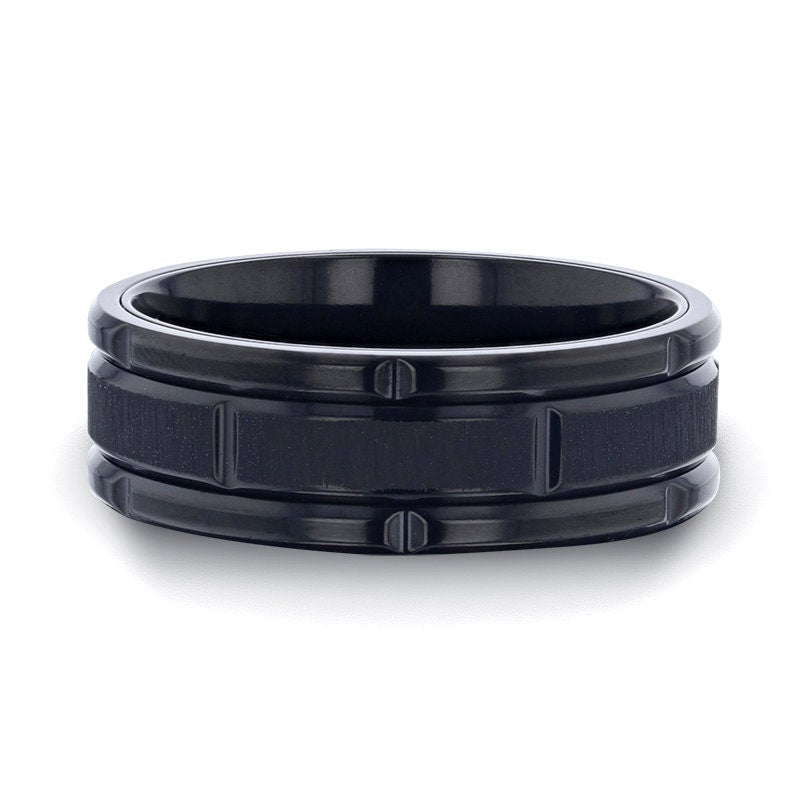 WYNN Alternating Grooves & Horizontal Etched Finish Black Titanium Men Wedding Rings w Alternating Grooved Beveled Polished Edges 8 mm Rings