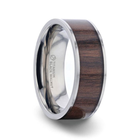 LOGAN Flat Polished Black Walnut Wood Inlaid Titanium Men's Wedding Band With Flat Polished Edges - 8mm Rings, Wedding and Anniversary Rings