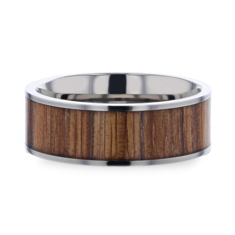 LAMAR Zebrawood Inlaid Flat Titanium Men's Wedding Band With Flat Polished Edges - 8mm Rings