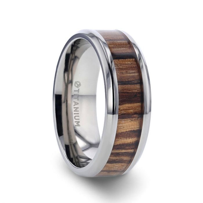 ZINGANA Titanium Ring with Beveled Edges and Real Zebra Wood Inlay - 8mm Rings, Wedding and Anniversary Rings,s.