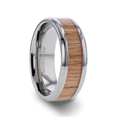 RUBRA Red Oak Wood Inlaid Titanium Ring with Bevels - 8mm Rings, Wedding and Anniversary Rings,s.