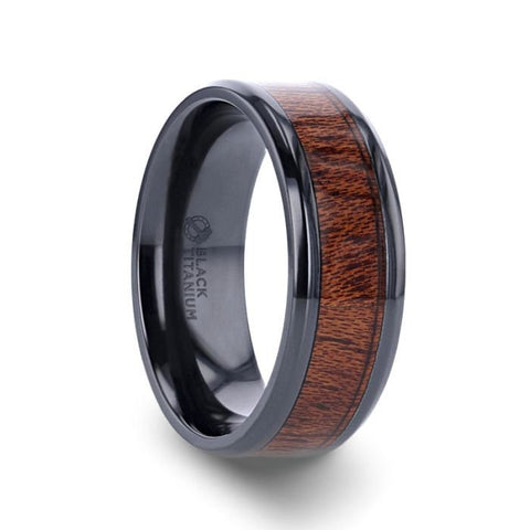 DOMINICA Black Titanium Band with Polished Bevels and Exotic Mahogany Hard Wood Inlay - 8 mm Rings