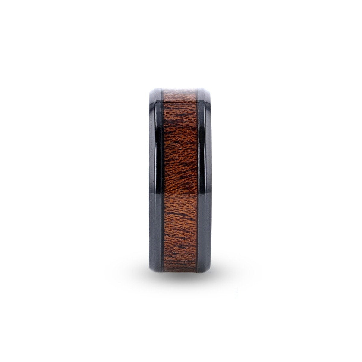 DOMINICA Black Titanium Band with Polished Bevels and Exotic Mahogany Hard Wood Inlay - 8 mm Rings