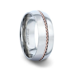 CONDUCTOR Titanium Domed Polished Wedding Ring With 14k Rose Gold Braided Inlay - 8mm Rings, Wedding and Anniversary,s.