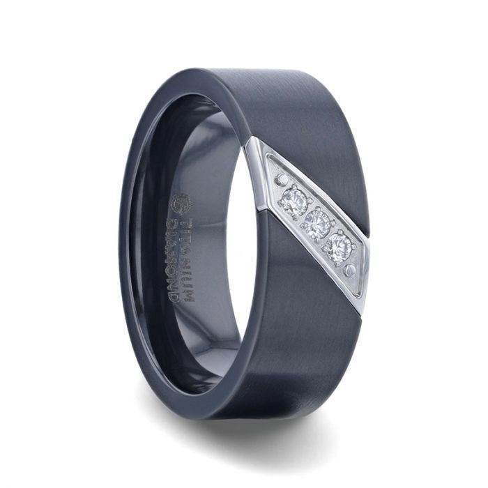 JAGUAR Flat Brushed Black Titanium Men's Wedding Band With Small Silver-Coated Diagonal Design And A Set of 3 Diamonds - 8mm Rings.