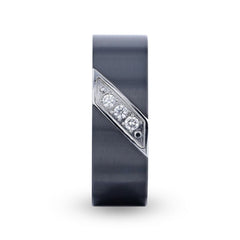 JAGUAR Flat Brushed Black Titanium Men's Wedding Band With Small Silver-Coated Diagonal Design And A Set of 3 Diamonds - 8mm Rings