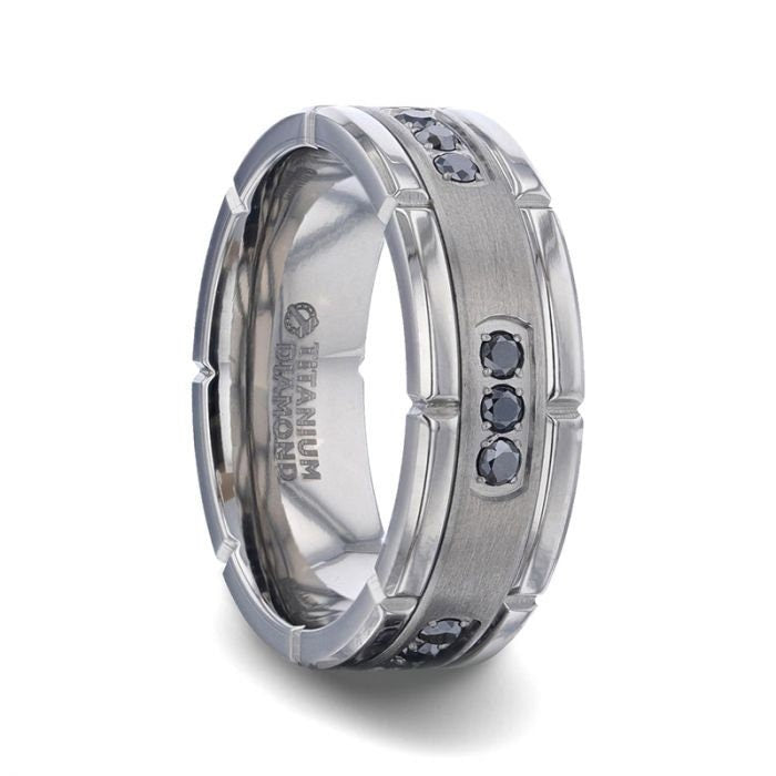 COURAGEOUS Brushed Center Titanium Men's Wedding Band With Double Grooved Polished Edges And Black Diamond Settings - 8mm Rings.