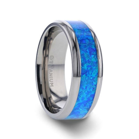 GALAXY Titanium Polished Beveled Edge with Blue Green Opal Inlay - 8 mm Rings, Promise and Wedding Rings, Men Titanium Rings.