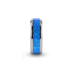 GALAXY Titanium Polished Beveled Edge with Blue Green Opal Inlay - 8 mm Rings, Promise and Wedding Rings, Men Titanium Rings.