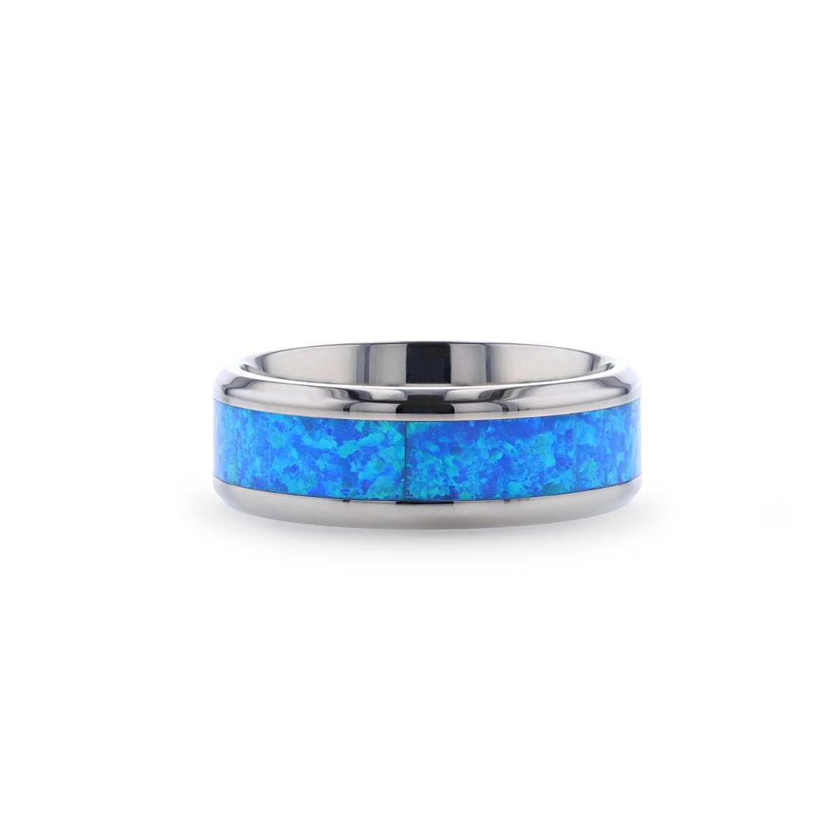 GALAXY Titanium Polished Beveled Edge with Blue Green Opal Inlay - 8 mm Rings, Promise and Wedding Rings, Men Titanium Rings.