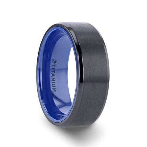 CASTOR Beveled Edges Black Titanium Ring with Brushed Center and Vibrant Blue Inside - 8 mm Rings, Promise and Wedding Rings.