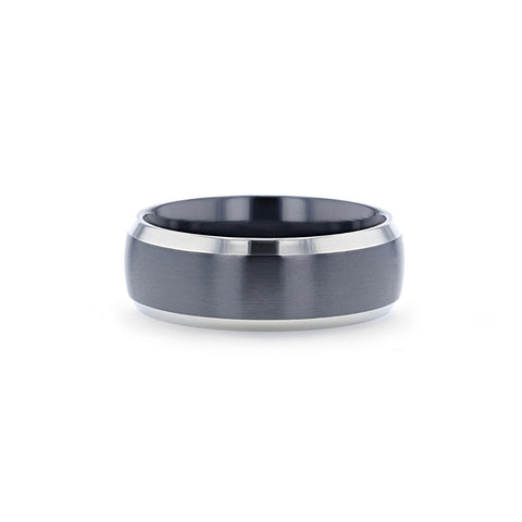 NOLAN Brushed Domed Black Titanium Wedding Band with Polished Beveled Edges - 8mm Rings, Promise and Wedding Rings.