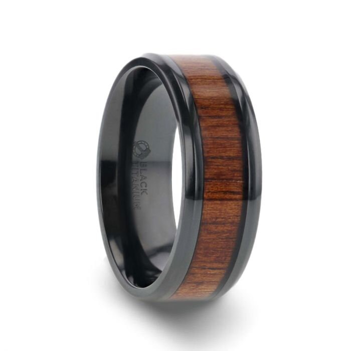 LEIFI Black Titanium with Koa Wood Inlay and Bevels - 8mm Rings, Engagement, Promise and Wedding Rings, Tungsten Rings