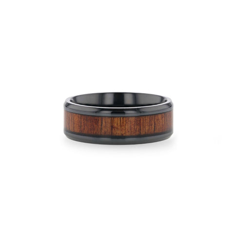 LEIFI Black Titanium with Koa Wood Inlay and Bevels - 8mm Rings, Engagement, Promise and Wedding Rings, Tungsten Rings