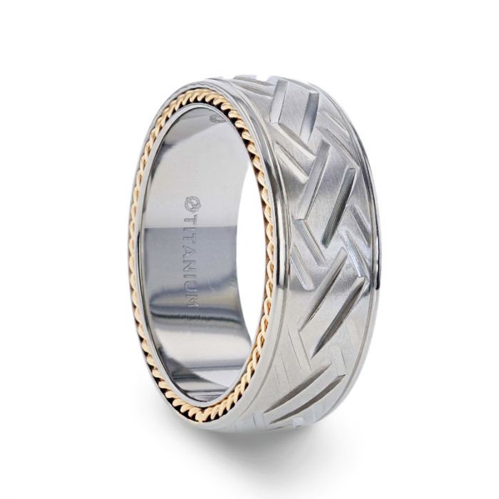 SATURN Woven Pattern Domed Titanium Men's Wedding Ring With Yellow Gold Braided Edges - 8mm Rings, Engagement, Promise and Wedding Rings.