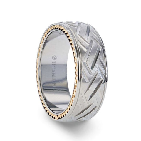 SATURN Woven Pattern Domed Titanium Men's Wedding Ring With Yellow Gold Braided Edges - 8mm Rings, Engagement, Promise and Wedding Rings.