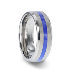 BARRY Blue Stripe Inlaid Titanium Flat Brushed Men's Wedding Ring With Beveled Polished Edges - 8mm Rings, Engagement & Wedding Rings