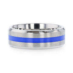 BARRY Blue Stripe Inlaid Titanium Flat Brushed Men's Wedding Ring With Beveled Polished Edges - 8mm Rings, Engagement & Wedding Rings