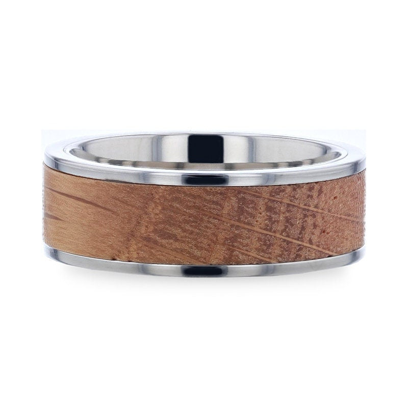 STILL Whiskey Barrel Inlaid Titanium Men's Wedding Band Flat Polished Edges Made Genuine Whiskey Barrels Used By J D Distillery - 8mm Rings