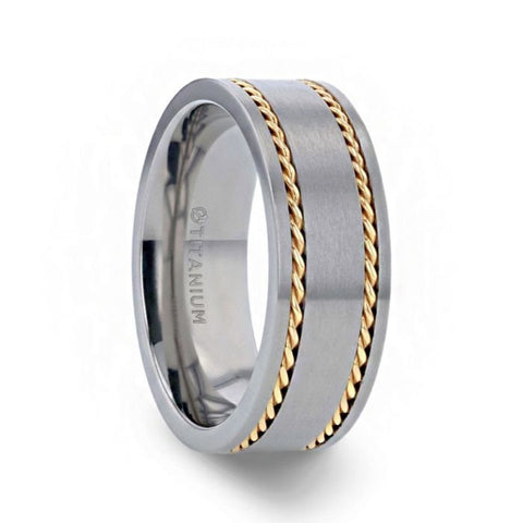 FERDINAND Titanium Brushed Finish Flat Men's Wedding Ring With 14K Yellow Gold Dual Braided Inlay - 8mm Rings, Wedding and Promise Rings.