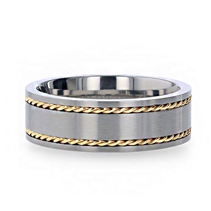 FERDINAND Titanium Brushed Finish Flat Men's Wedding Ring With 14K Yellow Gold Dual Braided Inlay - 8mm Rings, Wedding and Promise Rings.