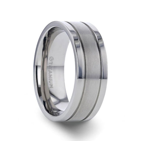 MAGNUM Flat Polished Edge Titanium Band with Offset Grooves and Satin Center - 8 mm Rings, Wedding and Promise Rings.