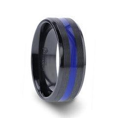 JACKSEN Black Titanium Men's Wedding Band Beveled With Blue Stripe Inlaid Brushed Finish Center And Polished Beveled Edges - 8mm Rings