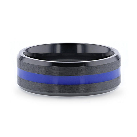 JACKSEN Black Titanium Men's Wedding Band Beveled With Blue Stripe Inlaid Brushed Finish Center And Polished Beveled Edges - 8mm Rings