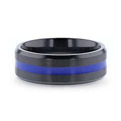 JACKSEN Black Titanium Men's Wedding Band Beveled With Blue Stripe Inlaid Brushed Finish Center And Polished Beveled Edges - 8mm Rings