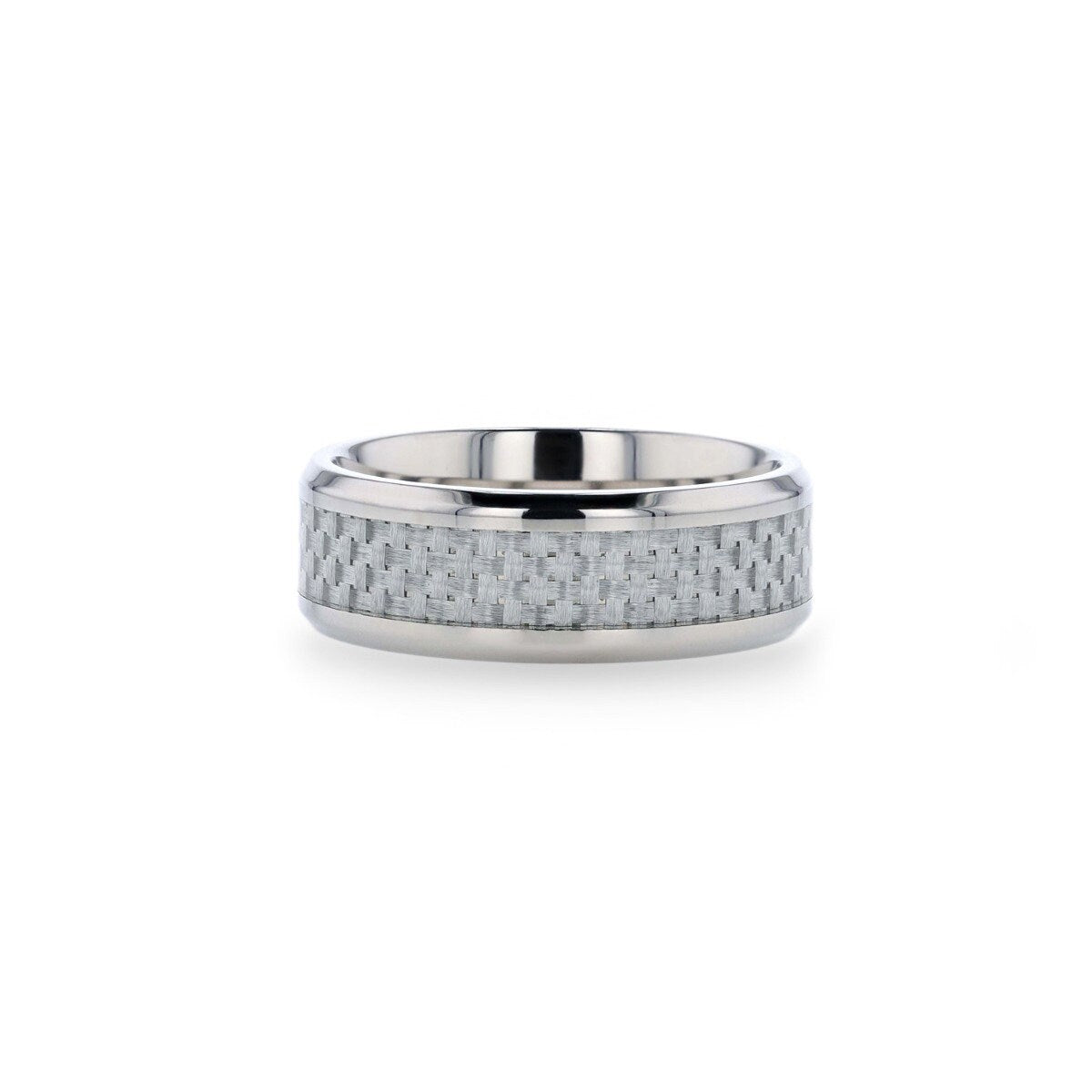 TANTALUS Beveled Edge Titanium Ring with White Carbon Fiber Inlay - 8mm Rings, Wedding and Promise Rings.