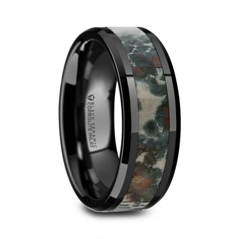 PROTOCERATOPS Black Ceramic Beveled Men's Wedding Band with Coprolite Fossil Inlay - 8mm Rings, Wedding and Promise Rings.