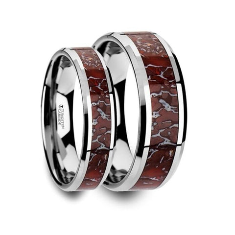 Matching Ring Set Red Dinosaur Bone Inlaid Tungsten Carbide Beveled Edged Ring - 4mm & 8mm Rings, Wedding and Promise Rings.