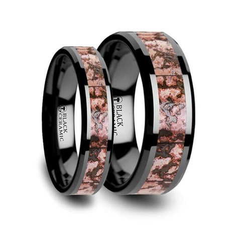 CAMBRIAN Matching Ring Set Pink Dinosaur Bone Inlaid Black Ceramic Beveled Edged Ring - 4mm & 8mm Rings, Wedding and Promise Rings.