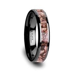 CAMBRIAN Matching Ring Set Pink Dinosaur Bone Inlaid Black Ceramic Beveled Edged Ring - 4mm & 8mm Rings, Wedding and Promise Rings.