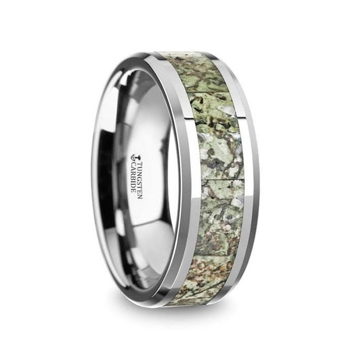 TARGARYEN Men’s Tungsten Wedding Band with Green Dinosaur Bone Inlay & Beveled Edges - 8mm Rings, Wedding and Promise Rings.