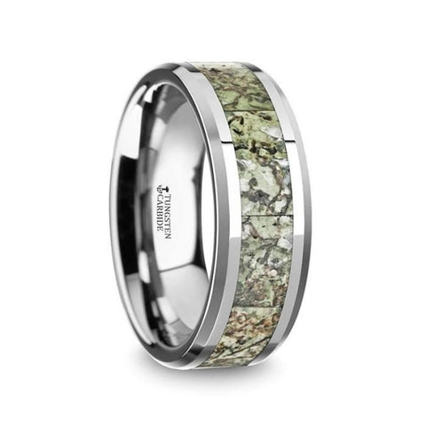 TARGARYEN Men’s Tungsten Wedding Band with Green Dinosaur Bone Inlay & Beveled Edges - 8mm Rings, Wedding and Promise Rings.