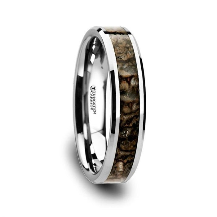 ORDOVICIAN Dinosaur Bone Inlaid Tungsten Carbide Beveled Edged Ring - 4mm Rings, Wedding and Promise Rings.