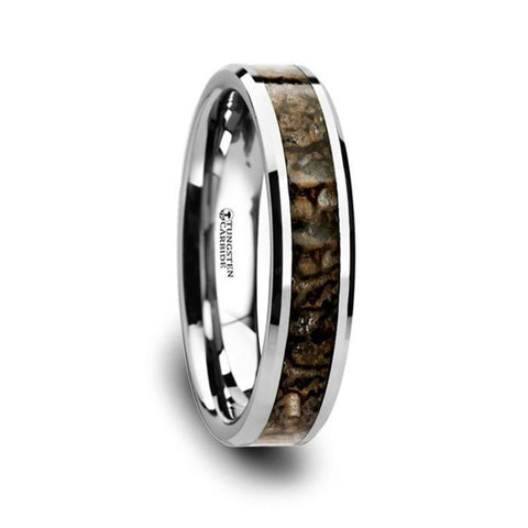 ORDOVICIAN Dinosaur Bone Inlaid Tungsten Carbide Beveled Edged Ring - 4mm Rings, Wedding and Promise Rings.