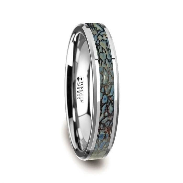 DEVONIAN Blue Dinosaur Bone Inlaid Tungsten Carbide Beveled Edged Ring - 4mm or 8mm Rings, Wedding and Promise Rings.