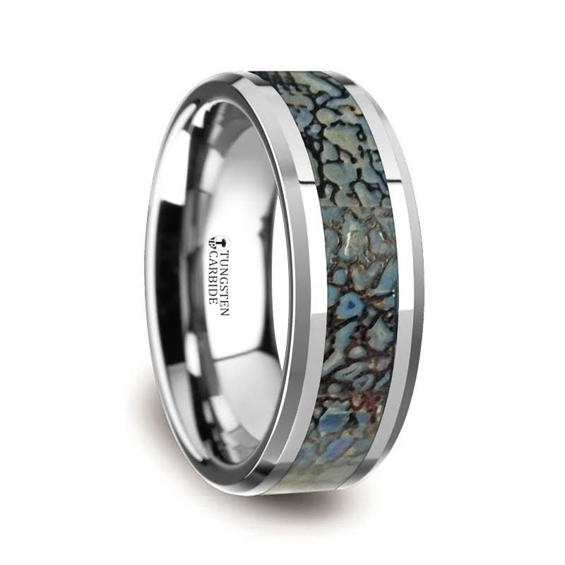 DEVONIAN Blue Dinosaur Bone Inlaid Tungsten Carbide Beveled Edged Ring - 4mm or 8mm Rings, Wedding and Promise Rings.