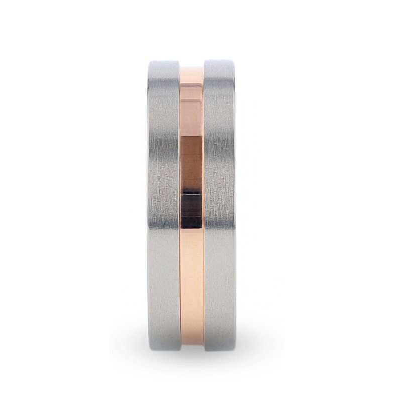 MARS Titanium Flat Brushed Finished Men's Wedding Ring With Rose Gold Plated Groove Center - 8mm Rings, Wedding and Promise Rings.