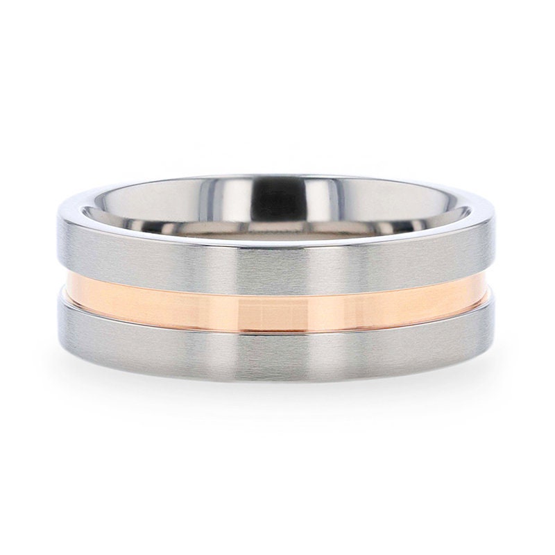 MARS Titanium Flat Brushed Finished Men's Wedding Ring With Rose Gold Plated Groove Center - 8mm Rings, Wedding and Promise Rings.