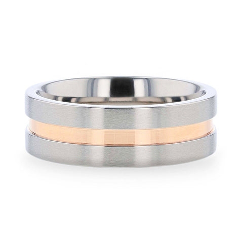 MARS Titanium Men's Wedding Ring 8mm - Rose Gold Groove, Flat Brushed Finish